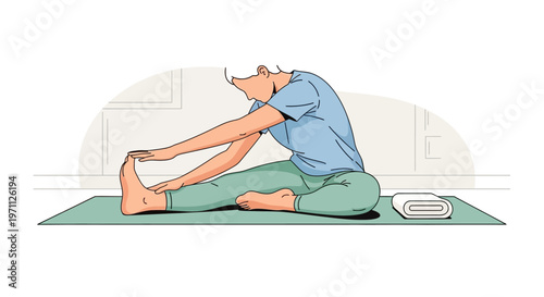 An illustration depicts a person performing a seated forward bend yoga pose on a mat, demonstrating flexibility and mindful stretching for wellness and physical health.