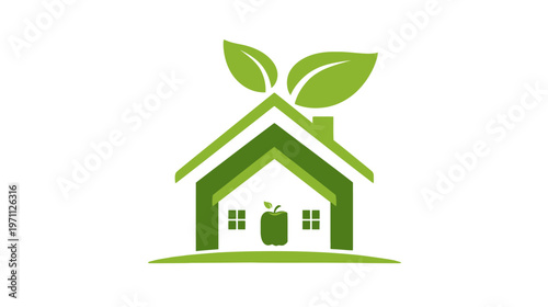 Eco-friendly green house icon with natural leaves and fresh apple inside, symbolizing sustainable living and organic home environment.
