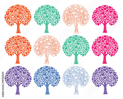 愛の木々、カラフルなハートの葉が茂るロマンチックなベクターイラストセット。バレンタインデーや結婚式に最適な、多様なデザインのコレクション。