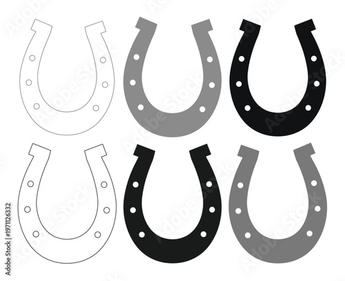 幸運を呼ぶ馬蹄のベクターアイコンセット、白黒とグレーのミニマルな蹄鉄イラスト、成功と繁栄のシンボル、ビジネスやデザイン素材に最適なグラフィックリソース