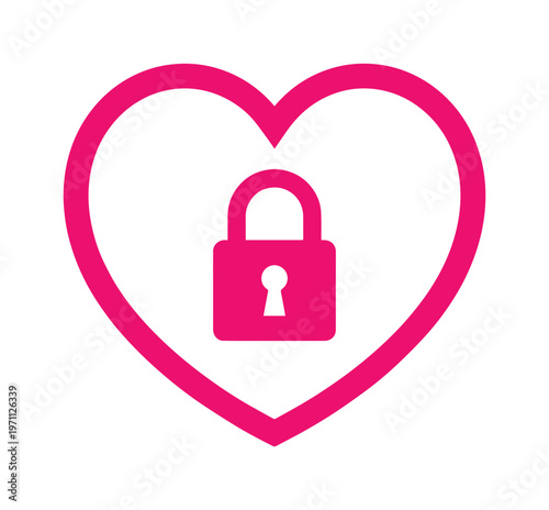 愛とセキュリティを象徴するピンクのハート型南京錠アイコン。オンラインプライバシー、データ保護、安全な関係性を示すシンプルなベクターイラスト。