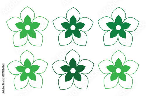 緑色のグラデーションが美しい、シンプルでモダンな花びらのアイコンセット。自然、環境、エコを象徴する6つのベクターフラワーデザイン。ウェブサイト、アプリ、印刷物向けの汎用的な植物モチーフ。