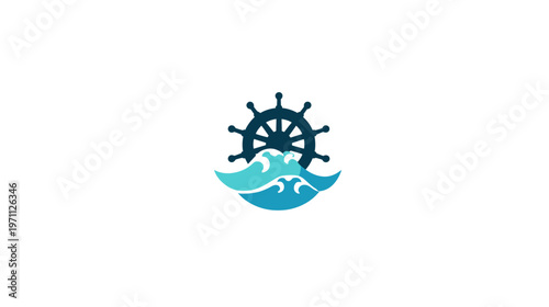 Nautical ship's wheel and ocean waves icon. Maritime voyage and sea adventure concept. Steering symbol on white background.