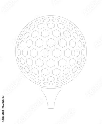 ゴルフボールとティーのシンプルな線画イラスト、スポーツイベントやゴルフ関連デザインに最適なベクター素材、白黒のミニマルなアイコン。