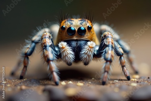 Fuzzy jumping spider, big eyes, directly facing camera, green, arthropod
