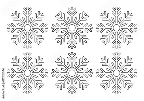 冬の季節感を演出する、シンプルで美しい雪の結晶アウトラインベクター素材セット。クリスマスやホリデーシーズンのデザインに最適な、6つの繊細な雪の結晶アイコン。