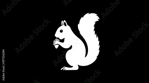 Stylized white squirrel silhouette holding an acorn, isolated on a solid black background. Minimalist graphic illustration.