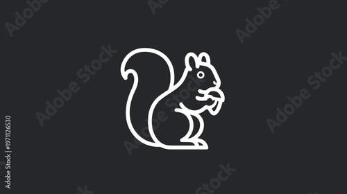 Minimalist white outline squirrel icon holding a nut on a dark background. Simple vector graphic design element illustration.