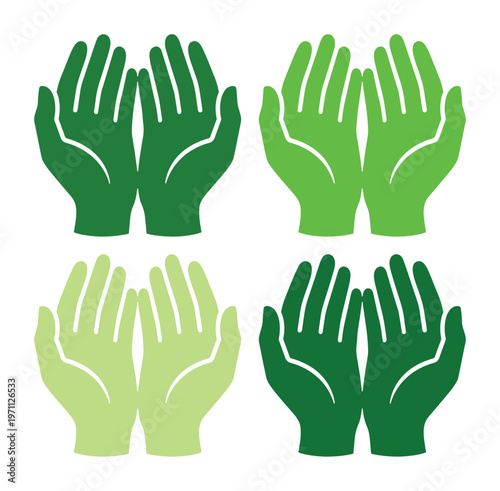 環境保護と持続可能性を象徴する、緑色の開いた手のひらアイコンセット。エコロジー、ボランティア、寄付、支援、ケア、育成、成長、自然、健康、ウェルネス、スピリチュアルな概念を表現するベクターイラスト。