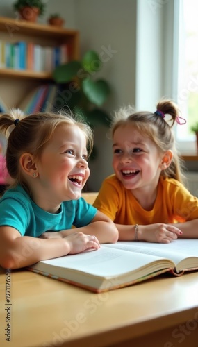 Laughing children leaning on textbooks, bright classroom, friendship, group
