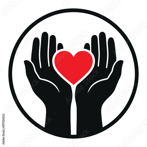 Open hands holding red heart silhouette inside circle with well being