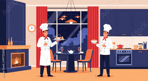 Two professional chefs in white uniforms present delicious meals in a luxury kitchen with a panoramic city view at night.