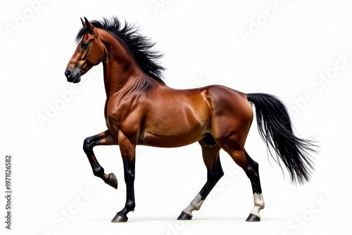 Majestic bay horse, powerful stance, white background, brown, powerful