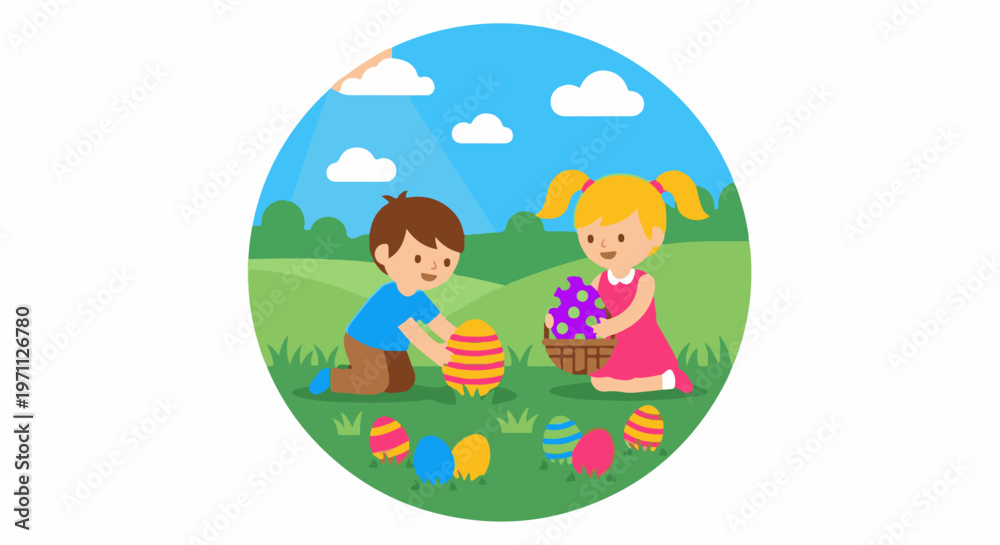 Obraz premium Two children hunt for colorful Easter eggs in a sunny, grassy field