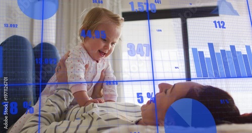 Dad lifting baby underarms bonding as baby moving to kneeling on torso, parenting charts overlaying