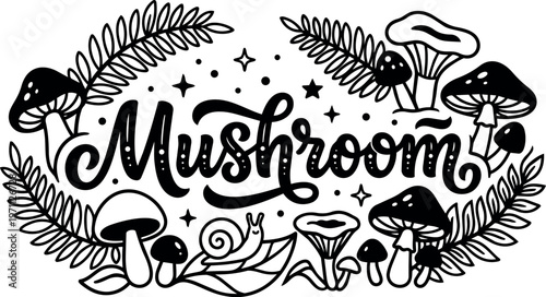 Black and white mushroom lettering with various fungi and fern leaves vector art