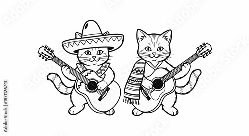 Two cats playing guitars, one in a sombrero