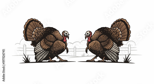Two cartoon turkeys facing each other in a farm setting
