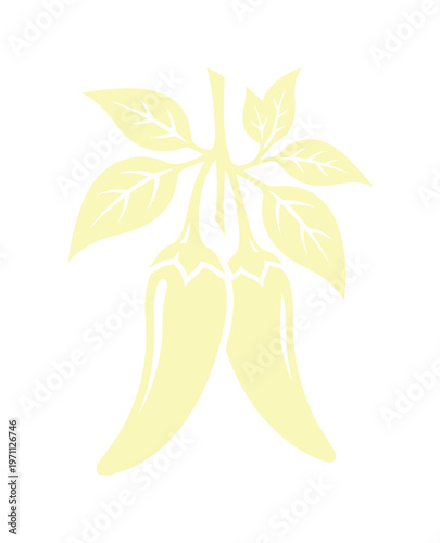 淡い黄色の唐辛子と葉のシンプルなベクターイラスト。料理、スパイス、辛味を表現するミニマルなデザイン素材。食品関連のプロジェクトやウェブサイトに最適な、モダンでクリーンなグラフィックリソース。