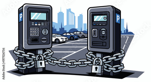 Two chained parking meters stand in front of cars parked in a city