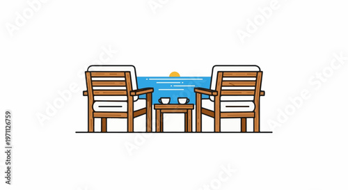 Two chairs face the ocean at sunset with two cups on a small table