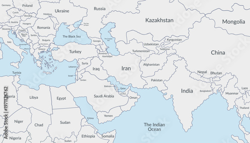 Detailed political map of the Middle East and nearby regions. Vector flat background.