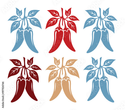 チリペッパーと葉のカラフルなベクターイラストセット、メキシコ料理や辛い食べ物のデザインに最適な唐辛子のアイコンコレクション、6種類のカラーバリエーションで展開