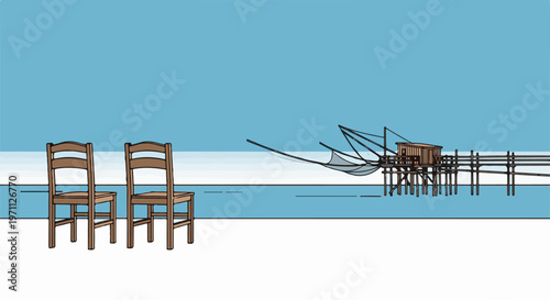 Two chairs face a stilted fishing hut with nets against a blue sky