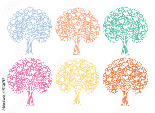 ハートの葉が茂るカラフルな木々、愛と成長を象徴するベクターイラストセット。結婚式、バレンタイン、環境保護デザインに最適なロマンチックな生命の木。
