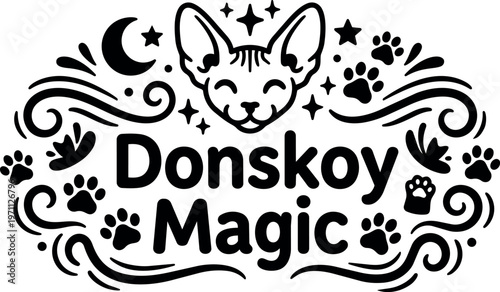 Black and white donskoy cat face with magic swirls and paw prints vector art