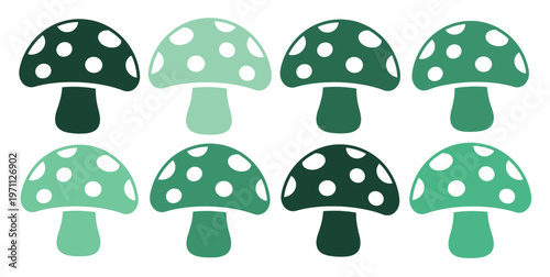 緑色の水玉模様のキノコ、8種類のベクターイラストセット。森のモチーフ、ファンタジー、自然をテーマにしたデザインに最適な、かわいいキノコのコレクション。