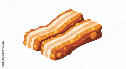 Two crispy, fried strips of cured pork belly with alternating fat and meat layers