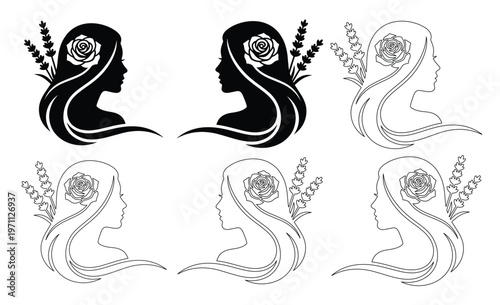 女性の横顔とバラ、ラベンダーのシルエットイラストセット。美容、アロマ、スパ、ウェルネス関連のロゴやアイコンに最適なベクター素材。