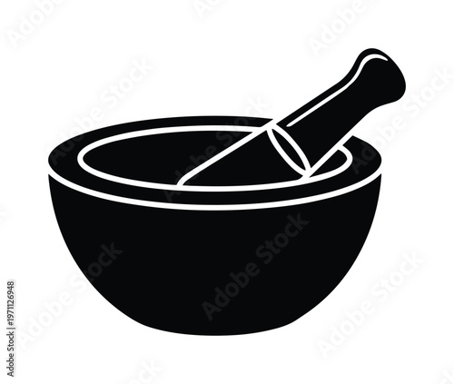 薬草やスパイスをすり潰すための伝統的な乳鉢と乳棒のシンプルな白黒ベクターアイコン。医療、料理、実験室のシンボルに最適。