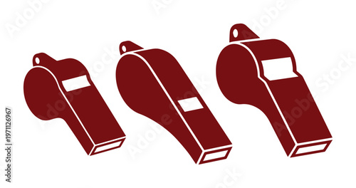 スポーツイベントや緊急時の合図に最適な、赤茶色のレトロなホイッスル3点セット。審判やコーチ、安全管理に役立つクラシックな笛のベクターアイコン。