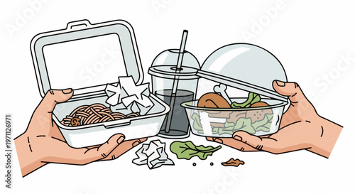 Two hands hold takeout containers one with pasta, one with chicken and salad