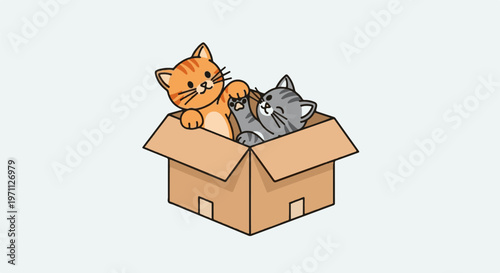 Two cute cartoon kittens, one orange, one grey, playing happily inside a cardboard box