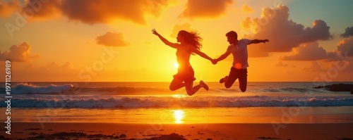 Silhouette leaps, sunset beach, joyful freedom, soul, landscape