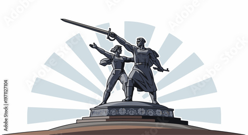 Two heroic figures on a monument base, one holding a sword, the other a rifle