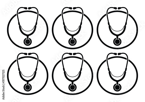 医療と健康のシンボル、聴診器のモノクロベクターアイコン6個セット。病院、クリニック、医療従事者向けのシンプルなデザイン素材。