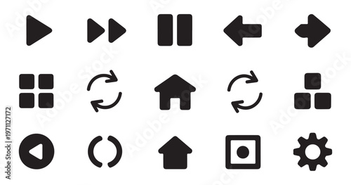 Collection of modern flat icons for media player controls and interface navigation elements on white background.