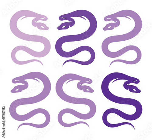 神秘的な紫色の双頭の蛇のベクターイラストセット、古代神話やファンタジーを連想させる不気味で魅力的な爬虫類デザイン、ロゴやタトゥーに最適なグラフィック素材