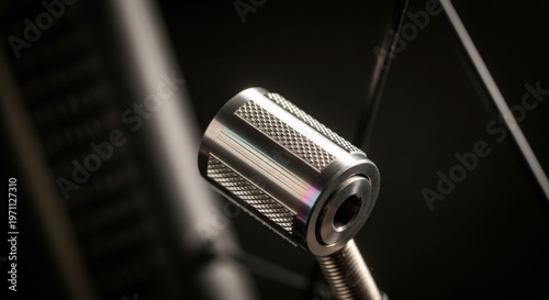 Close up of a machined metal valve stem cap with intricate knurled detailing and threaded base