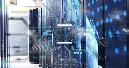 Server racks displaying microchip overlay in data center, square marker expanding to show data flow