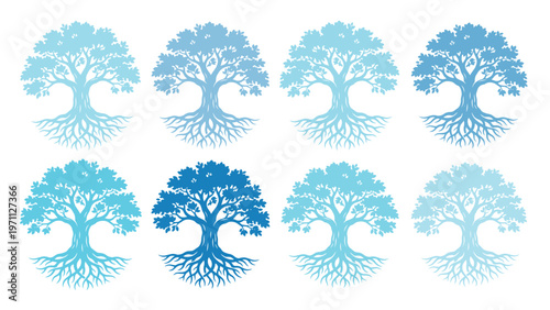 生命の木、根と枝が広がる円形のシルエット、青いグラデーションの美しい8つのツリーオブライフベクターセット、自然と成長の象徴、ロゴやアイコンデザインに最適