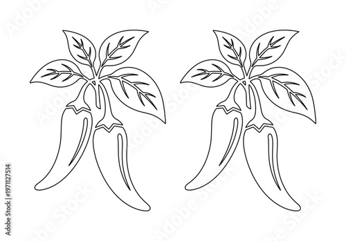 唐辛子のモノクロ線画イラストセット、辛いスパイスと料理の素材、シンプルなベクターアート、食品関連デザインやメニュー作成に最適なチリペッパーのアイコン