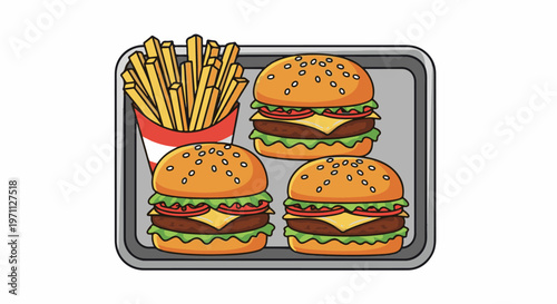 Three colorful burgers and french fries on a tray