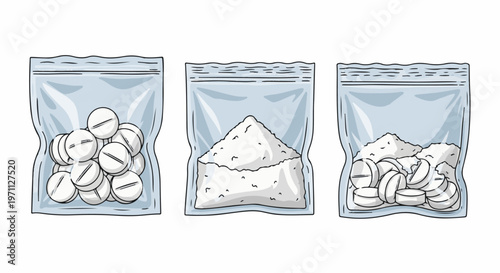Three clear plastic bags containing white pills and powder on white background