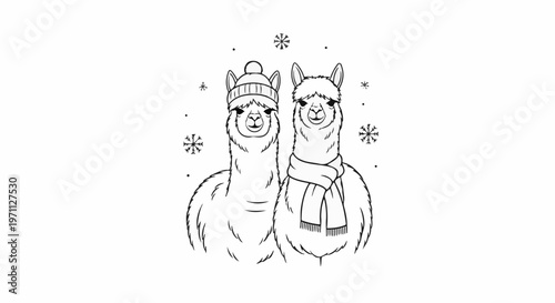 Two llamas with one wearing a hat and the other a scarf in the snow