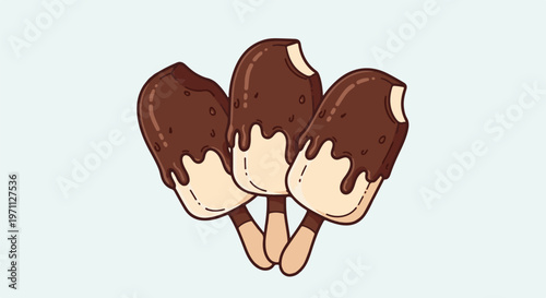 Three chocolate-covered ice cream bars with drips on a light blue background